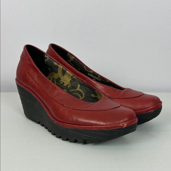 Fly London Yoko Leather Wedge Pump Edgy Platform Slip On Shoe Size EU 38 Red - Picture 2 of 13